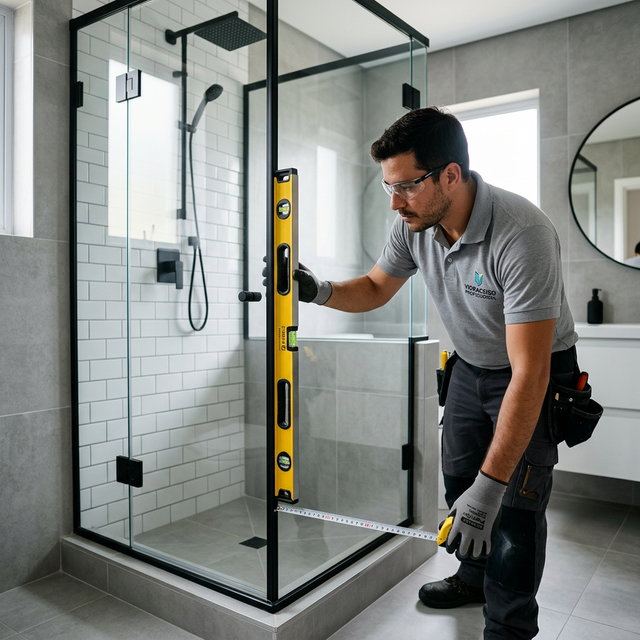 Vidraceiro conferindo alinhamento e segurança do box de vidro